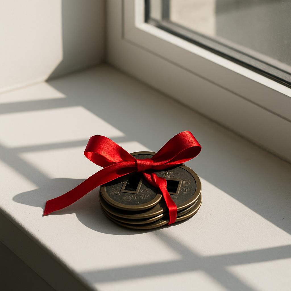 Here is the alt text description: A stack of three bronze coins, tied together with a red ribbon, sit on a white windowsil...